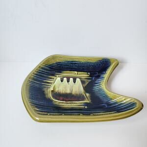 California Pottery Ashtray Cal Style USA I-13 Large Drip Glaze Green Blue MCM